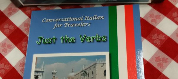 Cover of Conversational Italian for Travelers Just the Important Verbs book resting on an Italian red-checkered tablecloth